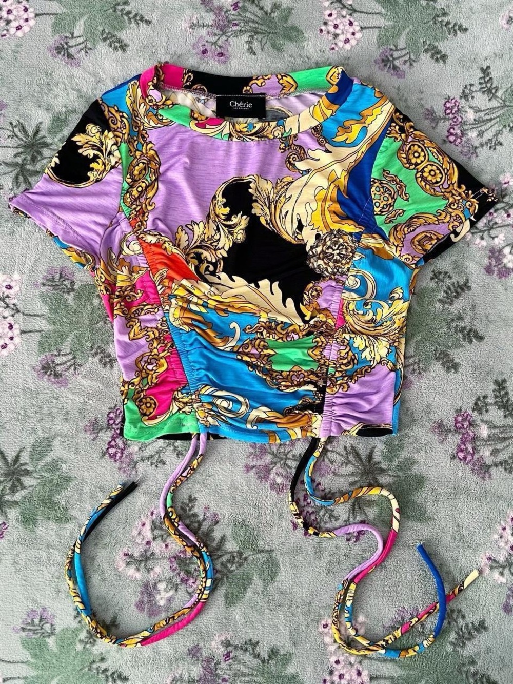 Vintage Cherie Y2K Royalty Rainbow String-Tie Crop Top 💛💙💜💗